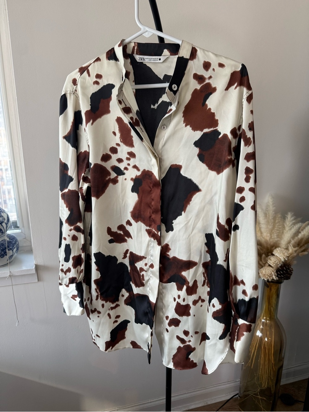 ZARA Cow-Print Button Front Blouse - Cream, Brown & Black